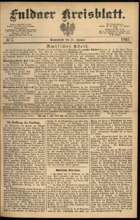 Erste Ausgabe vom Samstag, den 16. Januar 1892.