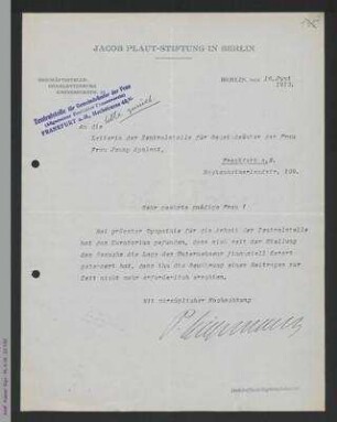 Brief der Jacob Plaut-Stiftung in Berlin an die Zentralstelle für Gemeindeämter der Frau, z.H. Jenny Apolant