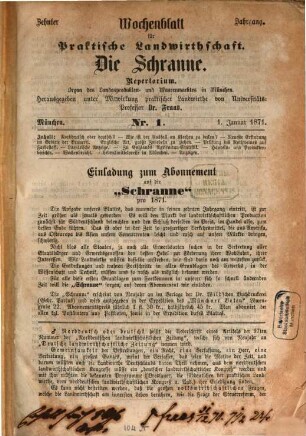 Die Schranne : Wochenblatt für praktische Landwirthschaft ; Organ des Landesprodukten- und Waarenmarktes in München. 10. 1871