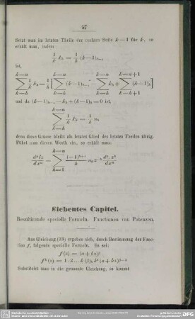 Siebentes Capitel. Resultirende specielle Formeln. Functionen von Potenzen