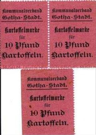 Block mit 3 Marken der Stadt Gotha für je 10 Pfund Kartoffeln