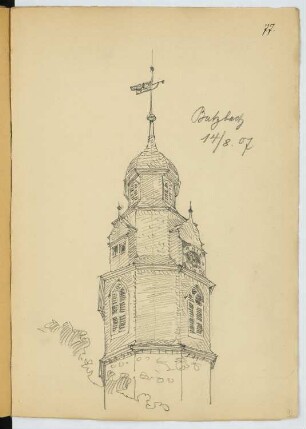 Markuskirche, Butzbach: Perspektivische Ansicht Turmhelm (aus: Skizzen- und Fotoalbum 23)