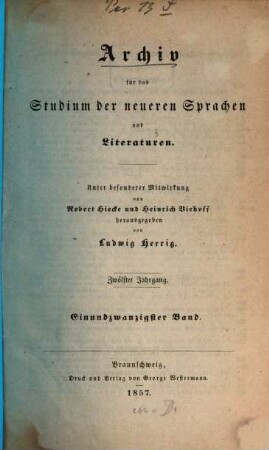 Archiv für das Studium der neueren Sprachen und Literaturen. 21, 21 = Jg. 12. 1857