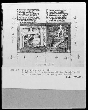 Weltchronik des Rudolf von Ems — Textseite mit Doppelminiatur, Folio 119recto