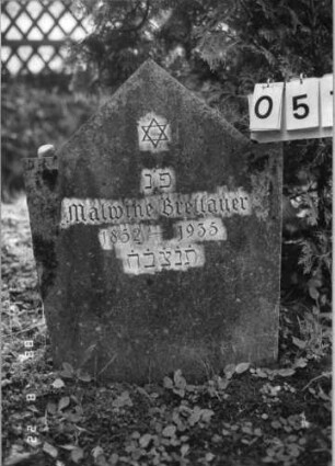 Grabstein 57 (Index: 100080171) Material: Kunststein? Zustand: gut Maße HxBxT: 80x62x15 cm Beschreibung: sich nach oben verbreiternde Stele, eingezogener giebelartiger Abschluß Symbolik: Davidstern: Grabstein 57