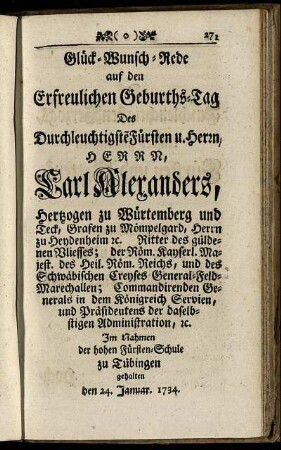 Glück-Wunsch-Rede auf den Erfreulichen Geburths-Tag ... Carl Alexanders, Hertzogen zu Würtemberg ...