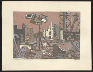 Linolschnitt: Volkmar Götze – Bauplatz - Stilleben/Frankfurter Allee Süd (1987)