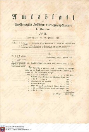 Verordnung: Die Erhebung des gesetzlich vorgeschriebenen Chausseegeldes auf der Provinzialstraße von Staden über Bingenheim nach Berstadt soll ab 1. April des Jahres erfolgen (ein Überweisungsvermerk vom 15. Februar 1845 ist vorhanden)