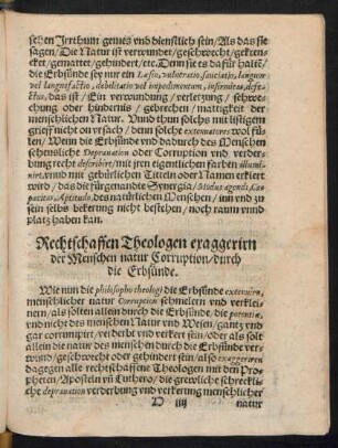 Rechtschaffen Theologen exaggerirn der Menschen natur Corruption/ durch die Erbsünde.