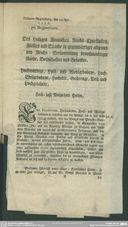 [Memorial des Chur-Sächsischen Comitial-Gesandten, Didactum Regensburg, den 23. Sept. 1756 per Moguntinum]