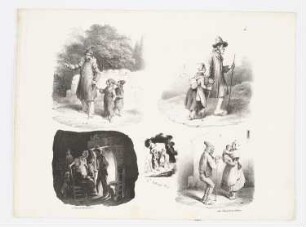 Zwei Wanderer mit Kindern, Familie am Kamin, Räuberleiter, Alter Mann mit Mutter und Kind, Blatt 4 der Folge "Deuxième série de Croquis de 1829"