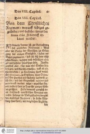 Das VIII. Capitel. Von dem Christlichen Regiment / worauff selbiges gegründet / und bestehe / sampt der Monarchiae, so darauff erbauet worden.