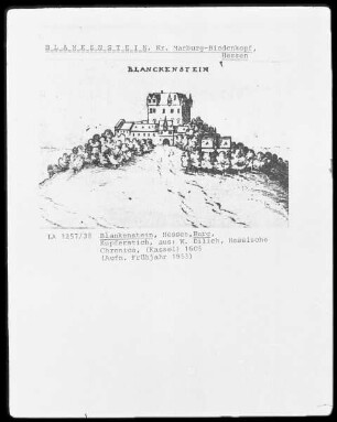 Hessische Chronika — Ansichten von Biedenkopf, Burg Blankenstein und der Alten Universität Marburg — Burg Blankenstein