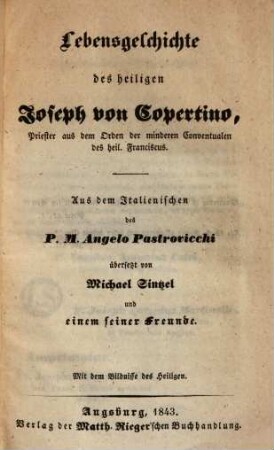 Lebensgeschichte des h. Joseph von Copertino ...