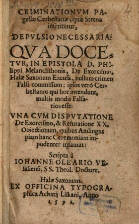 Criminationum pagellae Cerbestanae, quae Strena inscribitur depulsio necessaria