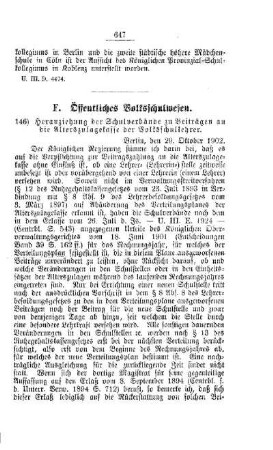 Heranziehung der Schulverbände zu Beiträgen an die Alterszulagekasse der Volksschullehrer : [F. Öffentliches Volksschulwesen]