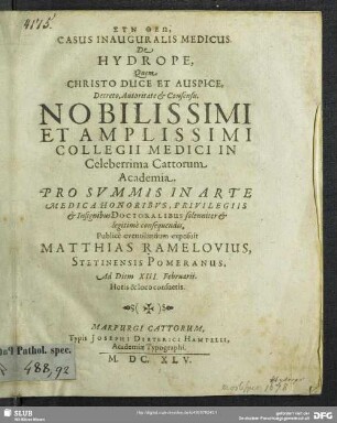 Casus Inauguralis Medicus De Hydrope
