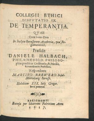 Collegii Ethici Disputatio IX. De Temperantia