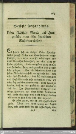 Sechste Abhandlung. Ueber sächsische Gerade und Herrgeräth; einer sehr schädlichen Rechtsgewohnheit