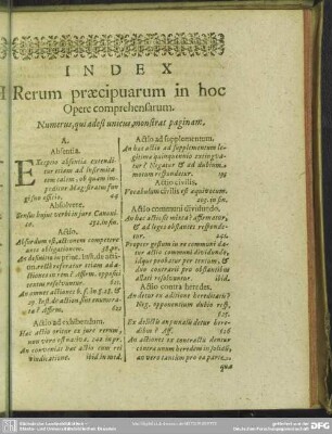 Index Rerum praecipuarum in hoc Opere comprehensarum