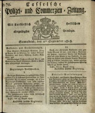 Nr. 70, Sonnabend, den 2ten September 1815