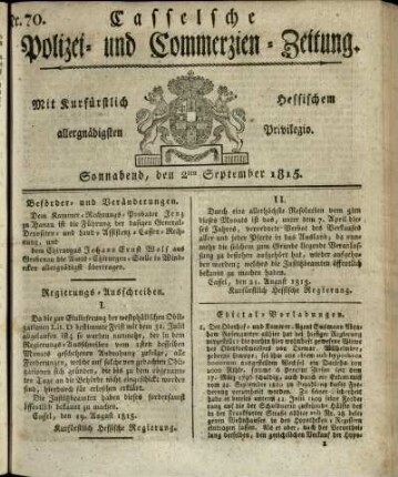 Nr. 70, Sonnabend, den 2ten September 1815