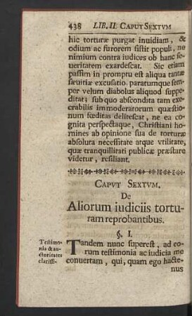 Caput sextum. De Aliorum iudiciis torturam reprobantibus.