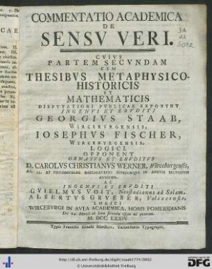 Pars Secunda: Commentatio Academica De Sensv Veri : Thesibvs Metaphysico-Historicis Et Mathematicis