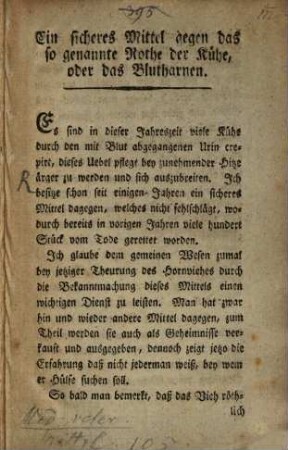 Ein sicheres Mittel gegen das so genannte Rothe der Kühe, oder das Blutharnen