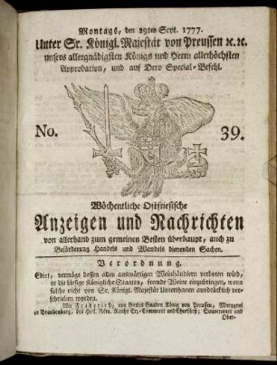 No. 39. Montags, den 29ten Sept. 1777.
