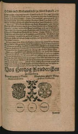 Wappen. Friedrich Hertzog zu Braunschweig und Lüneburg. Magdalena/ geborne Marggräffin zu Brandenburg.