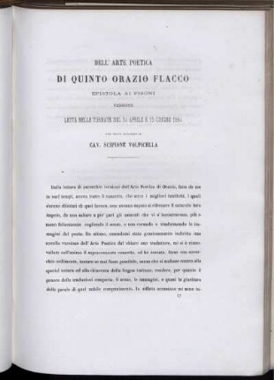 Dell' Arte Poetica Di Quinto Orazio Flacco Epistola Ai Pisoni