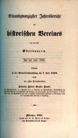 Jahresbericht des Historischen Vereins von Oberbayern. 21. 1858 (1859)