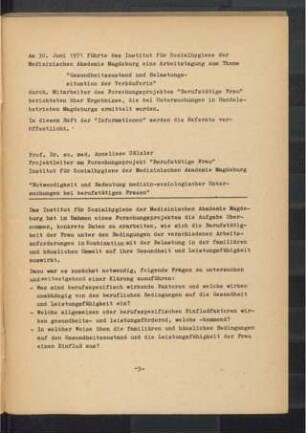 Notwendigkeit und Bedeutung medizin-soziologischer Untersuchungen bei berufstätigen Frauen