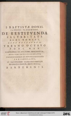 I. Baptistæ Donii, Patricii Florentini, de restitvenda salvbritate Agri Romani, Opvs posthvmvm, Vrbano Octavo Pont. Max.