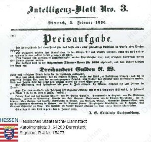 Cotta, J. G., Buchhandlung in Stuttgart und Tübingen / Anzeige über eine Preisaufgabe am 1. Januar 1836 im Intelligenzblatt der Augsburger 'Allgemeinen Zeitung' Nr. 24 vom 16. Januar 1836