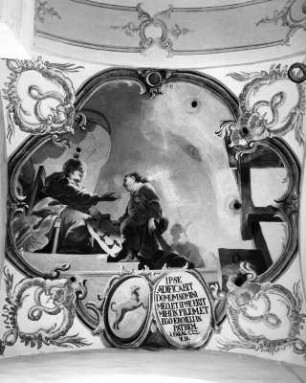 Baumeisterfresko : Baumeisterfresko. Fresko. Amorbach (Kreis Miltenberg), Pfarrkirche Sankt Gangolf, Sakristei, Kuppel