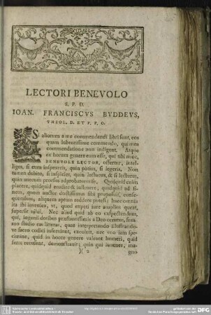 Lectori Benevolo S. P. D. Ioan. Franciscus Buddeus, Theol. D. Et P. P. O.