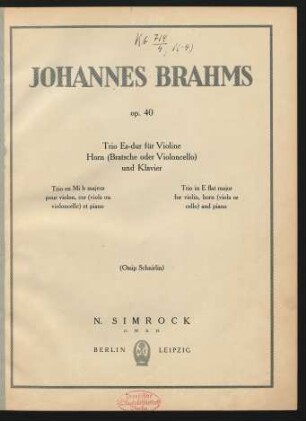 Trio Es-Dur für Violine, Horn (Bratsche oder Violoncello) und Klavier : op. 40