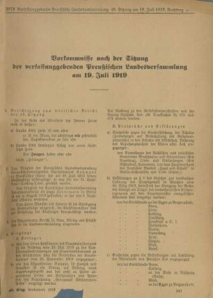 Vorkommnisse nach der Sitzung der verfassunggebenden Preußischen Landesversammlung am 19 Juli 1919