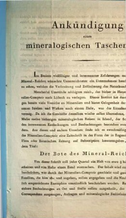 Ankündigung eines mineralogischen Taschenbuchs ... Der Bote des Mineal-Reiches. : [Lübeck, den 1. Juni 1821.]