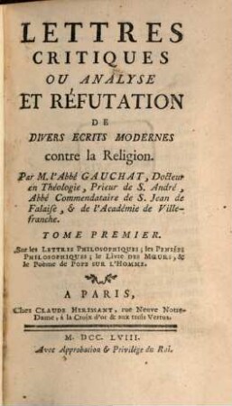 Lettres critiques ou analyse et réfutation de divers écrits modernes contre la religion, 1