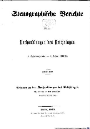 Verhandlungen des Reichstages. Stenographische Berichte. 85, 1. 1884/85