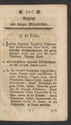 Anzeige von einigen Münzbüchern