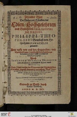 [Druck:] Paracelsus, Opera, Bd. 10, Basel: Konrad von Waldkirch, 1591