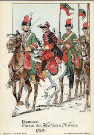 Uniformdarstellung, Offizier, Trompeter und Ulanen des Ulanen-Regiments des Freikorps von Kleist, Königreich Preußen, 1763.
