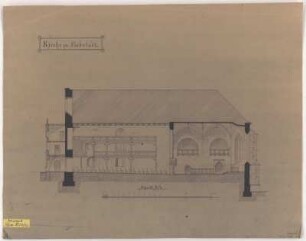 Liebstadt, Stadtkirche, Längsschnitt : Liebstadt, Stadtkirche, Längsschnitt, Plankopie mit geringfügigen Ergänzungen; Blattrückseite: Skizze einer Konsole (Bleistift), Richard Steche, um 1890. Feder, Bleistift/Papier. 45,2 x 57,8 cm. Bez.: "Kirche zu Liebstadt. Schnitt B - A." Maßstab mit Maßeinheit "Meter" (20 Meter=20 cm).