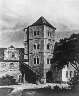 Halle (Saale), Moritzburg, Innenhof nach Osten, Torturm (Gemälde)