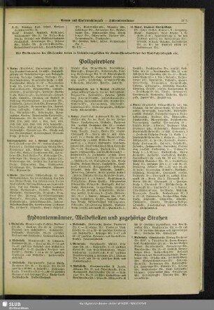 Hydrantenmänner, Meldestellen und der zugehörigen Straßen