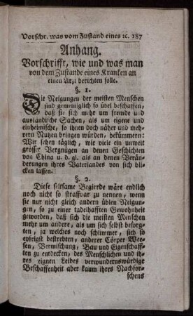 Anhang. Vorschrifft, wie und was man von dem Zustande eines Kranken an einen Arzt berichten solle.